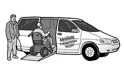A small hotel has hired a transportation company with a lift-equipped van.